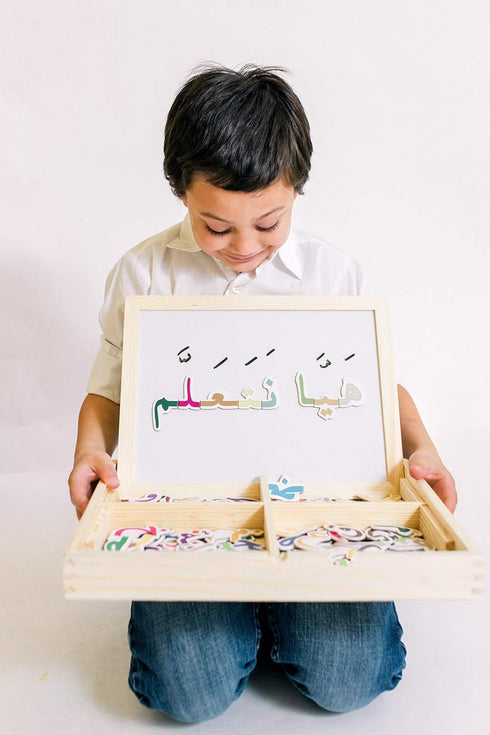 ILM Toolbox Build-A-Word Magnetic Arabic Letter Alphabet Set, 143 Wooden Letters, Dry Erase Board