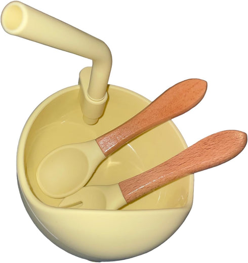 Toddler Suction Bowl Set with Spoon and Spork Food Grade Silicone GIFT for Early Eating Stages of Life (YELLOW) by Generic