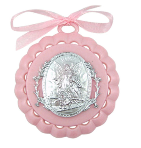 Moulded Acrylic Pink Crib Medal with Guardian Angel, 3 1/2 Inch for Baby Girl Nursery Decor