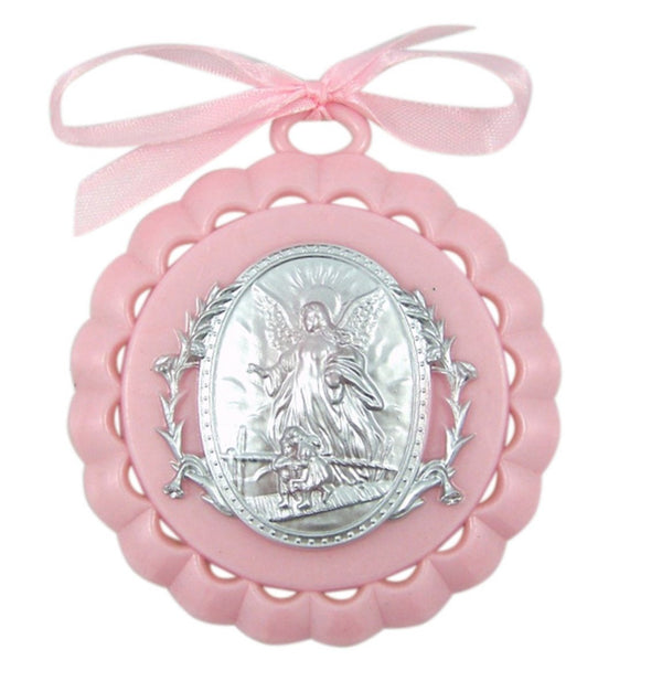 Moulded Acrylic Pink Crib Medal with Guardian Angel, 3 1/2 Inch for Baby Girl Nursery Decor