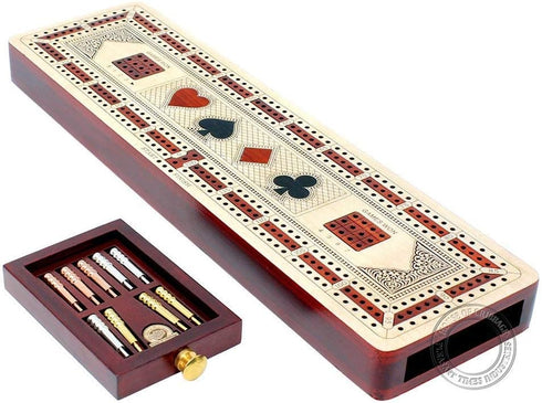 3 Track Continuous Cribbage Board in Maple Wood/Bloodwood - 12.5 Inch Size with Inlaid Card Symbols and Storage Drawer