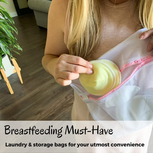 Bamboo Viscose Nursing Pads - 14 Washable Pads with Wash and Storage Bags for Breastfeeding (Pastel Touch, Medium 3.9")