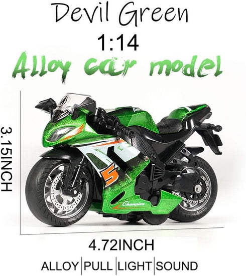 Pull Back Motorcycle Toys, Tiny Gift with Music Lighting, Race Motorcycles for Boys Age 3-8 (Green)