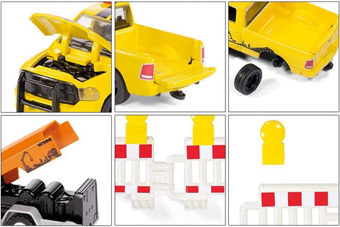 Siku 3505, 1500 1:50, RAM Pick-Up with Compressor Trailer, Metal/Plastic, Yellow/Orange, Incl. barriers and Toy Figure