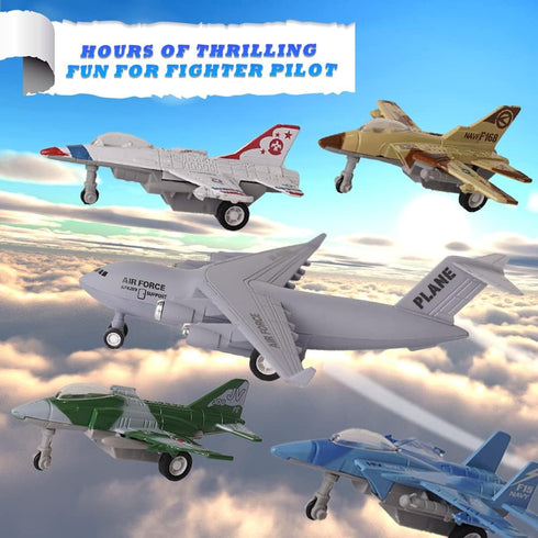 5 Pack Set 3+ Crelloci Army Airplane Toys Military Fighter Jet Die Cast Plane Metal Aircraft Toy, Pull Back Play