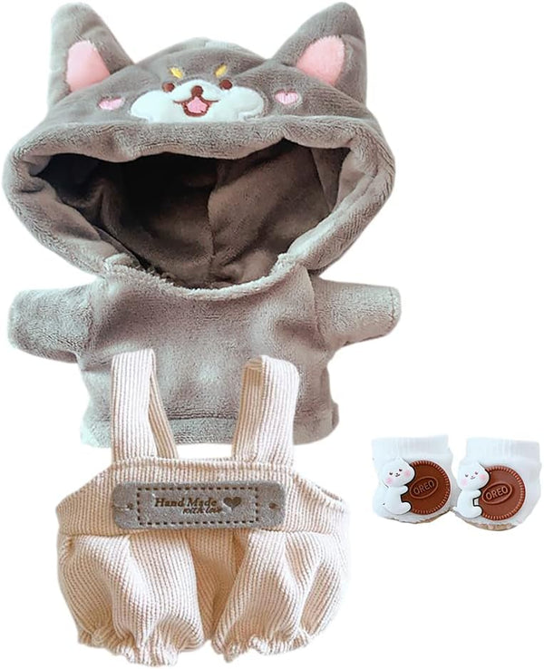 niannyyhouse Dog Suit Dress Up Hoodie & Corduroy Overalls for 7.8in Plush Doll Stuffed Figures (Gray)