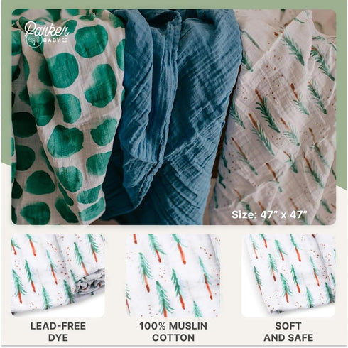 3 Pack 100% Set Parker Baby Swaddle Blankets - of Cotton Muslin Swaddle Blankets for Boys - Timber