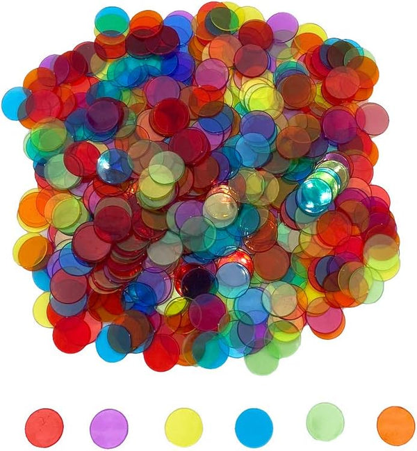 500 Pieces 3/4 inch Transparent Bingo Counting Chips, 6 Color with Bag