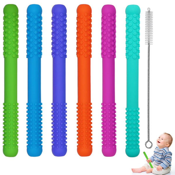 Hollow Teething Tubes Toys for Babies, 6 Pack Silicone Baby Teether Toy Tube for Infants with Nursing Biting