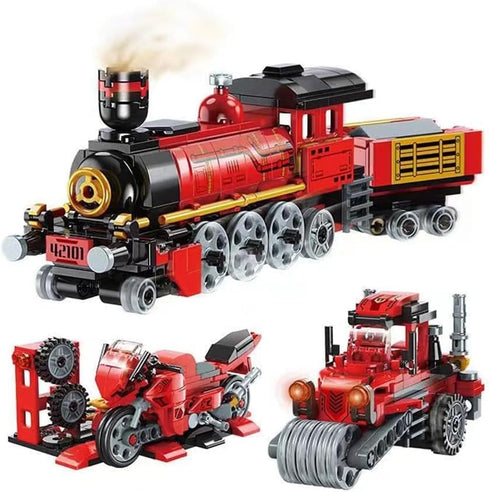 Train Building Toys Set 3 in 1 Steam Train Motorcycle Tractor Building Block for Kids STEM Creative Kit