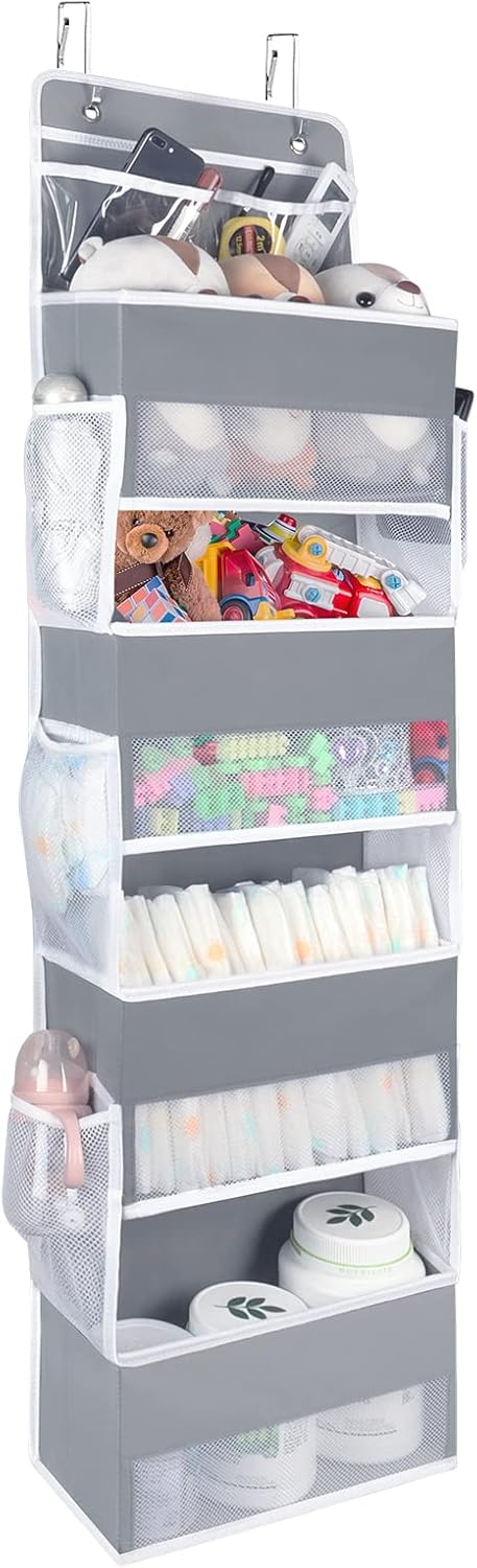 Univivi Over the Door Organizer, 5 Shelf Hanging Storage with 4 Large Compartments, 2 Small PVC Pockets