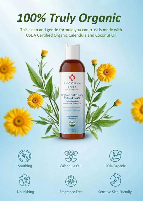 100% Shoosha Organic Calendula Oil Fragrance Free, for Babies, Real Calendula Oil, Calendula Massage Oil Moisturizer