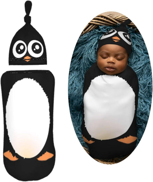 Cute Penguin Newborn Swaddle Blankets Hat Sets Soft Baby Receiving Blanket Swaddle Sack for Baby Shower Infant Boy Girl Gift by Muishi