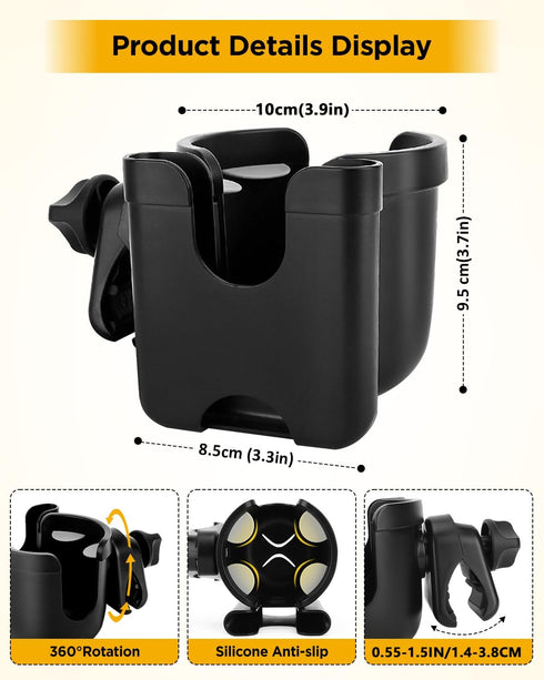 2-in-1 360 Universal Stroller Cup Holder with Mobile Phone Case, Strollers Storage Rack, Degrees Rotation Drink Holder