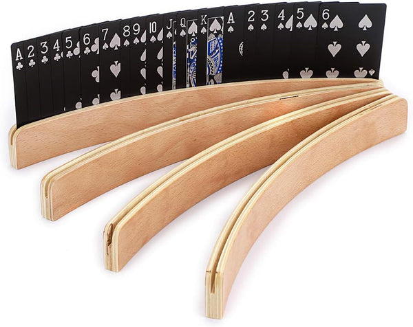 OwnMy Set of 4 Wooden Card Holders for Playing Cards, 13" Curved Wood Organizer for Kids, Adults, and Seniors