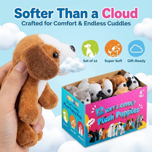 (Pack 12) 6 Inches Bedwina Plush Puppy Dogs - of Tall Small Stuffed Animals Bulk Assorted Puppies and Cute Stuffed