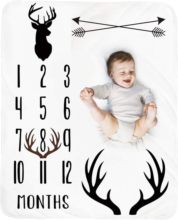 Baby Monthly Milestone Blanket Boy, Deer Newborn Month Blanket, Personalized Shower Gift, Woodland Nursery Decor,