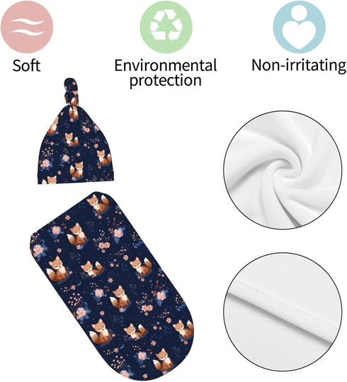 Nanyizly Set 0-6m Cute Foxes Flowers Newborns Beanie Swaddle Blanket Baby Receiving Blankets for Infant Boy Girl