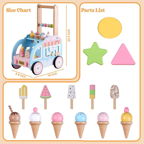 Embosomitr 6-12 Wooden Baby Walker for Babies Month, Ice Cream Cart Toys for Kids, Push Along Walker for Girls Boys