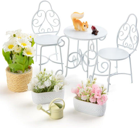 Minamzee 1/12 Sets, 9Pcs Sets, Scale Dollhouse Table Chair Metal Miniature Patio Dollhouse Fairy Garden Bistro Outdoor