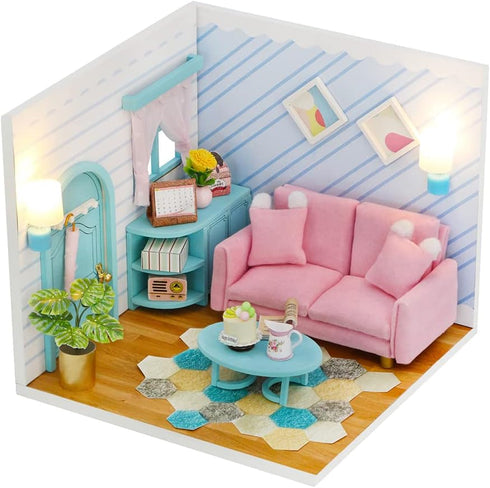 Kisoy Dollhouse Miniature with Furniture Kit - DIY 3D Wooden House Kit, Small Apartment Style with LED, Gift