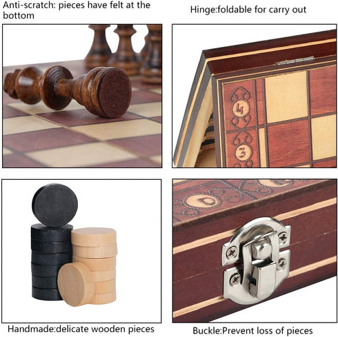 3-in-1 Chess Backgammon Checkers Set - 11 inch Wooden Board Game with Folding Carrying Case for Travel