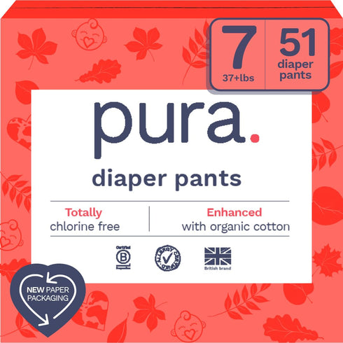 Pura Size 7 Diaper Pants, 3 x 17 Diapers, 51 Total (37+lbs), Pull Up Disposable Baby Diapers for Sensitive Skin