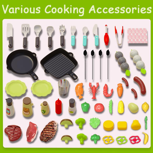 Barbecue Grill Toy Set, Kids BBQ Kitchen Playset with Smoke Sound Light Simulation for Interactive Pretend Play