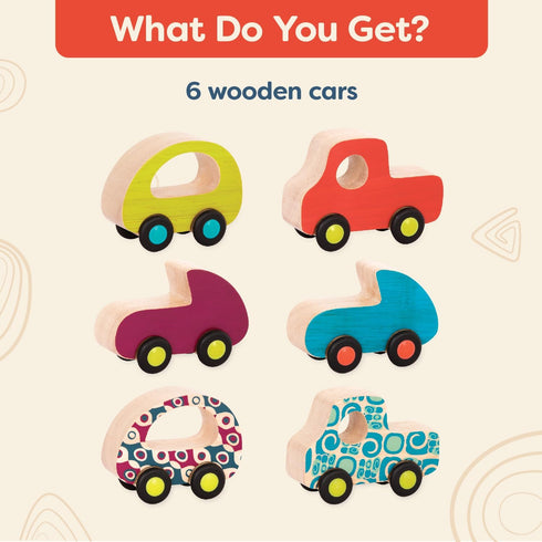 B. toys 6 Little Wooden Toy Cars Free Wheee-Lees Colorful Play Set for Kids, Toddlers, 1 Year +