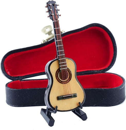 Dselvgvu Wooden Miniature Guitar with Stand, Classic Model for Dollhouse Decoration, 3.94"x1.42"x0.59"