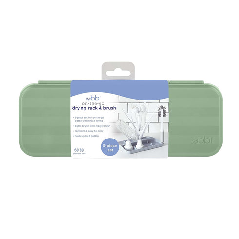 Ubbi On-The-Go Drying Rack and Brush Set, includes Travel Case and Bottle Brush for Compact Storage, Sage
