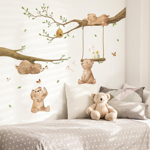 Runtoo Bear Wall Stickers Woodland Animal Tree Branch Wall Decals for Kids