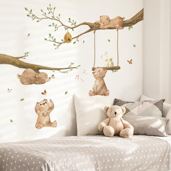 Runtoo Bear Wall Stickers Woodland Animal Tree Branch Wall Decals for Kids