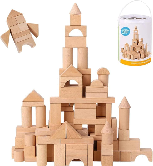 Pidoko Kids Wooden Blocks - 100 Pcs - Building Blocks for Toddlers
