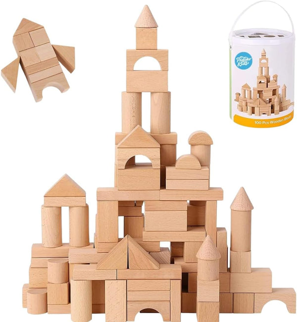 Pidoko Kids Wooden Blocks - 100 Pcs - Building Blocks for Toddlers