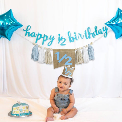 1/2 Banner,1/2 Hat,6 Birthday High Chair Banner, Half Way To One Crown Months Photo Backdrop,Wall Hangings Decorative