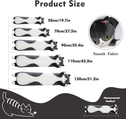 Long Cat Plush Pillow, 43.3in Cute Black Cat Plushie Stuffed Animal Body Pillow, Kawaii Doll Toy Gift