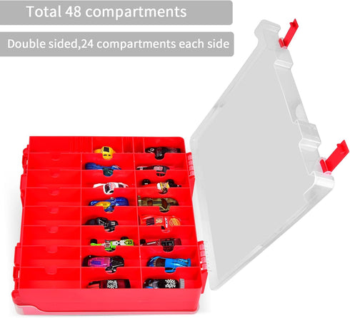 ALCYON Double Sided Toy Storage Organizer Case for Hot Wheels, Matchbox Cars, Mini Toys, 48 Compartments - Red