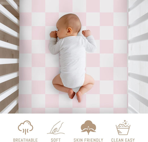 Selgkds 52''x28'' Pink and White Checkered Baby Crib Sheets for Girls Gingham Plaid Checkerboard Soft Snug Fitted Crib