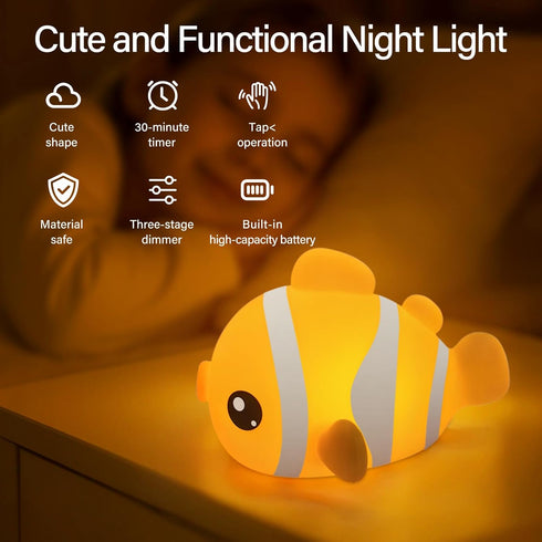 3-Level Cute Clownfish Night Light - Silicone Pat Pat Lamp with Brightness Adjustment, Timer Function, Rechargeable