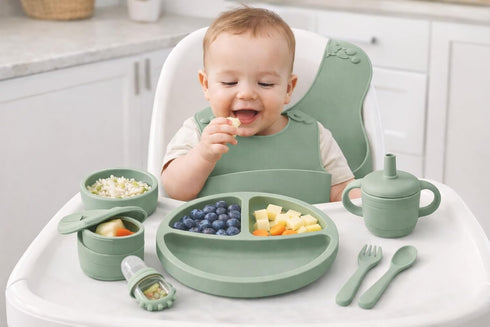 Generic 9-Piece Set Silicone Baby Feeding Divided Plate, Bib, Sippy Cup, Snack Cup, Bowl, Spoon & Fork BPA-Free