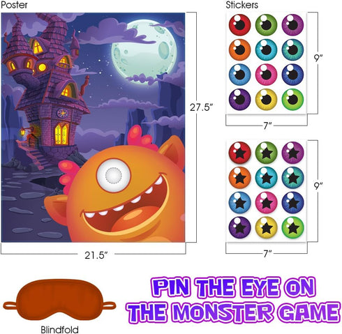 ArtCreativity Pin The Eye on The Monster Party Game - Halloween Party Activity with 1 Sign, 24 Eye Stickers, and 1 Eye Mask - Halloween Party Supplies - Accommodates Up to 24 Players