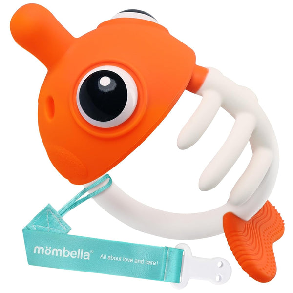 Mombella Clownfish Baby Teether Toys, Safe Soft Silicone Infant Teethers with Clip for Babies 0-12 Months, Fun Gift