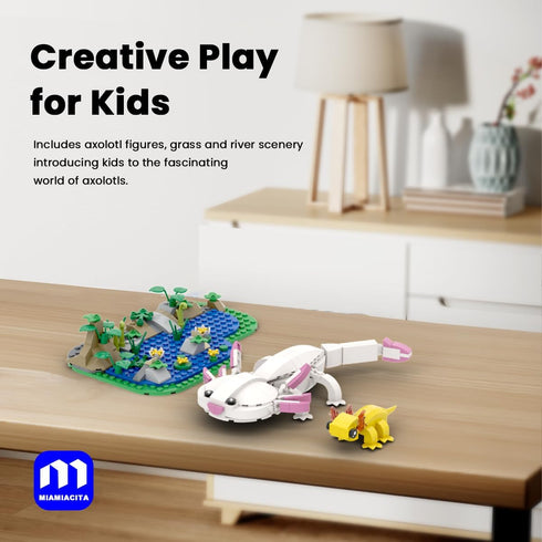 MIAMIACITA Set, 6 Axolotl Toy Building Axolotl Doll Figures with Grass and River Scenery Accessories Building Kits