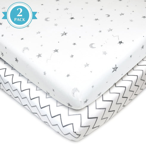 American Baby Company 2 Pack 100% Natural Cotton Fitted Mini Crib Sheets - 38" x 24", Gray Stars/Zigzag