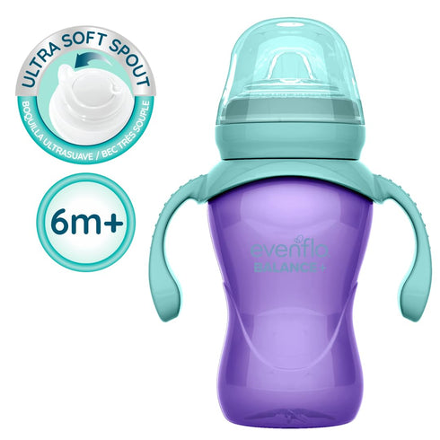 6+ 9oz, 2 Pack Evenflo Balance+ Trainer Cups for Babies Months, Purple and Mint, Ergonomic Design with Handles
