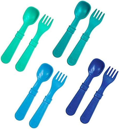 Re-Play Toddler Forks and Spoons Set - 8 Utensils for Kids, Dishwasher and Microwave Safe, Made in USA - A True Blue
