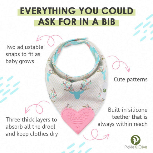 Reversible Baby Teething Bibs with Attached Pink Heart Teether - Boho Antler - Set of 2