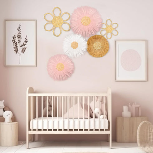 6 Soaoo Pcs Boho Nursery Decor for Girl Daisy Flower Woven Macrame Wall Hanging Bohemian Nursery Wall Decor Flowers