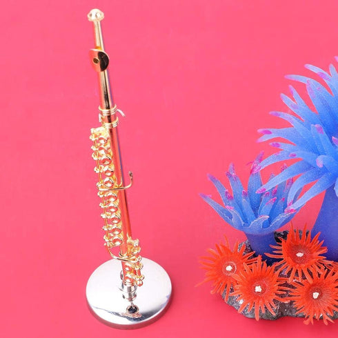 Miniature Flute, 11cm Gold Flute with Stand and Case, Copper Mini Musical Instrument for Dollhouse Decor